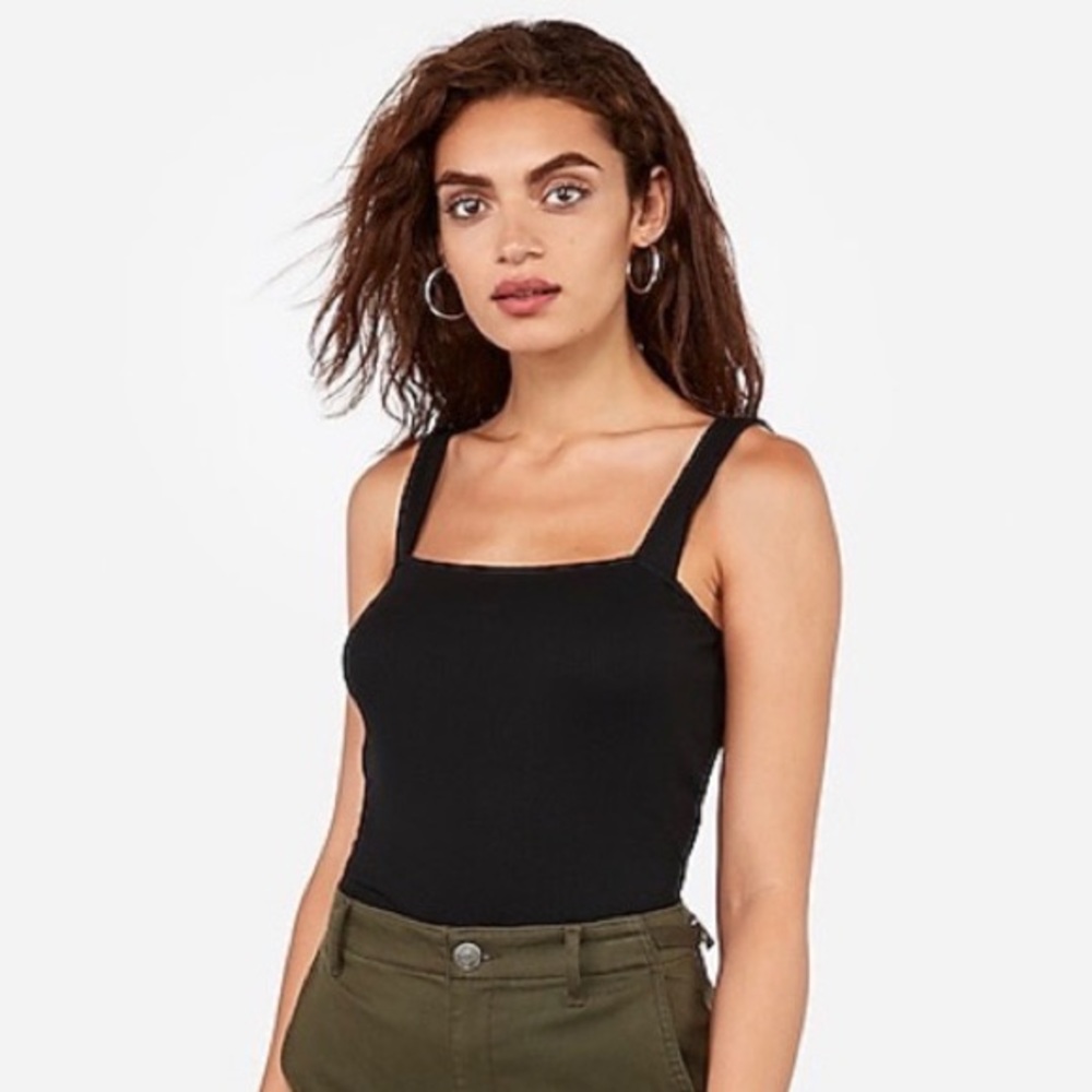Express Black Ribbed Square Neck Tank, S
